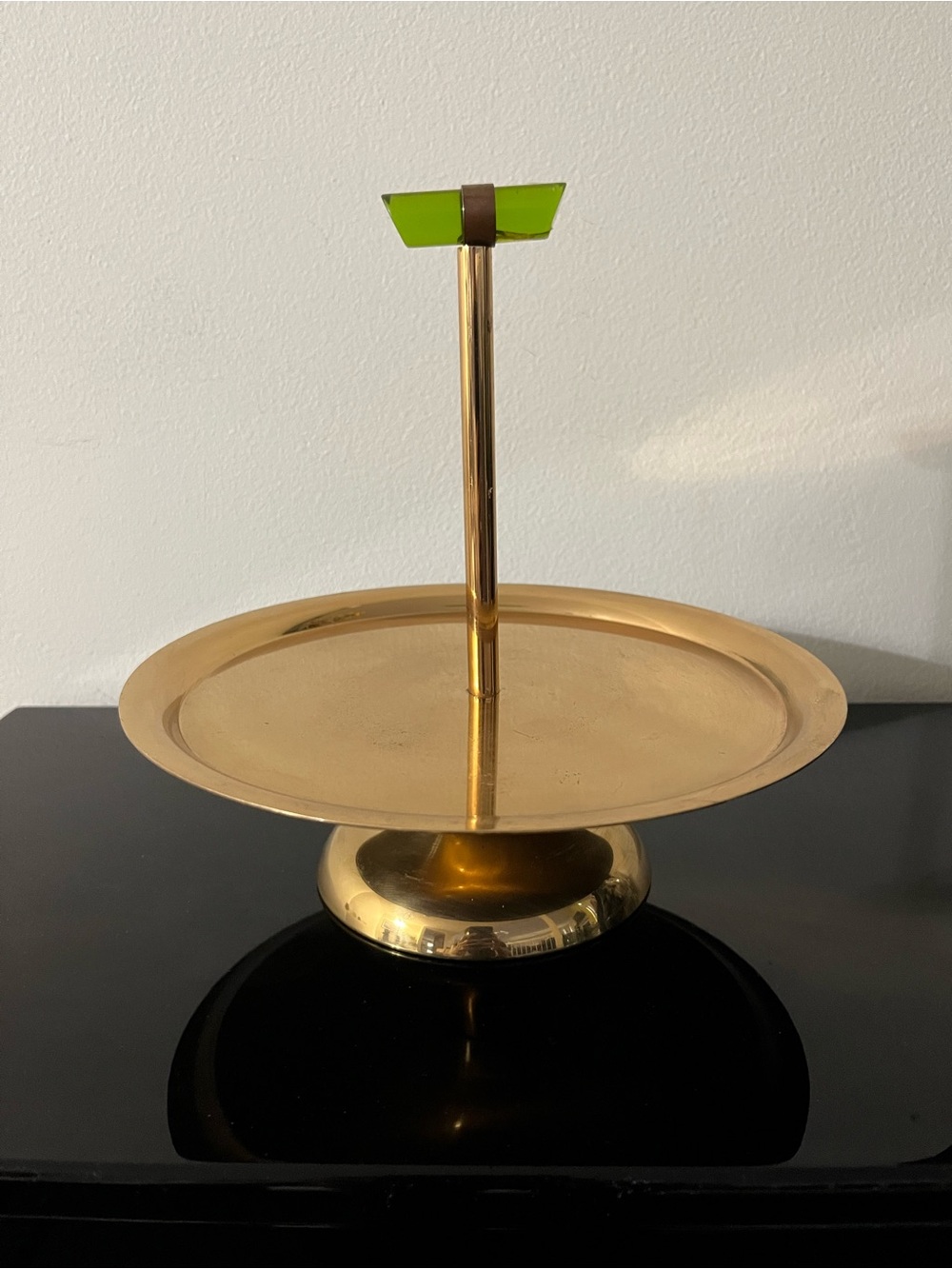 Vintage Emerald Glo Brass Tray w/ Green Acrylic Handle 1940s-50s
